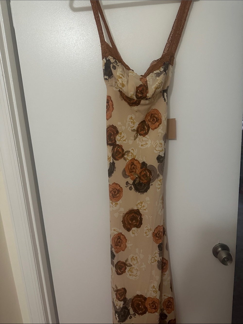 Floral Slip Dress with Lace Trim - Beige/Brown